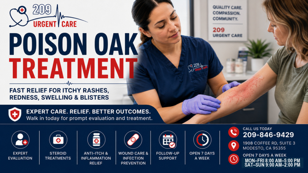 Provider examining poison oak rash at 209 Urgent Care in Modesto
