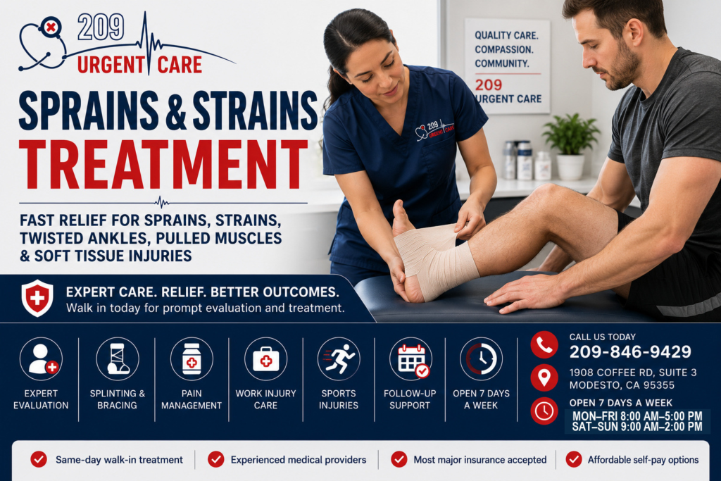 Provider evaluating an ankle sprain at 209 Urgent Care in Modesto