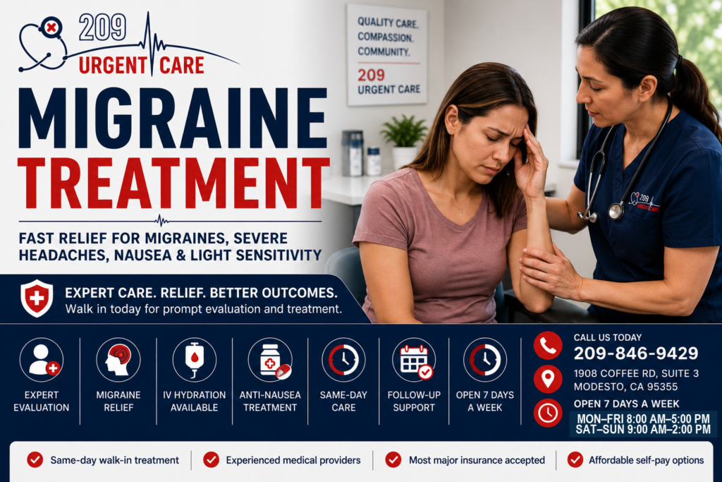 Provider evaluating a patient experiencing a migraine at 209 Urgent Care in Modesto, CA.
