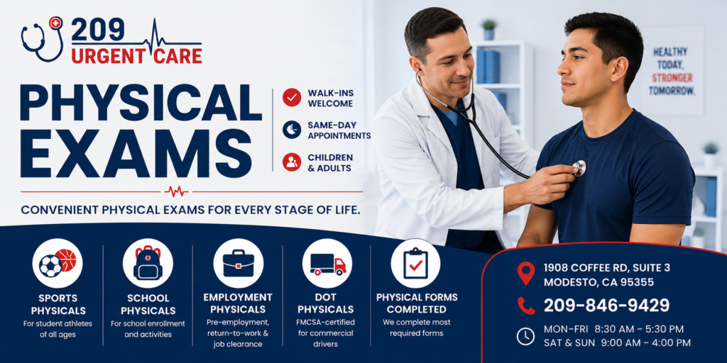 Healthcare provider performing a routine physical examination for a patient at 209 Urgent Care in Modesto, CA featuring sports, school, employment, and DOT physical exams.