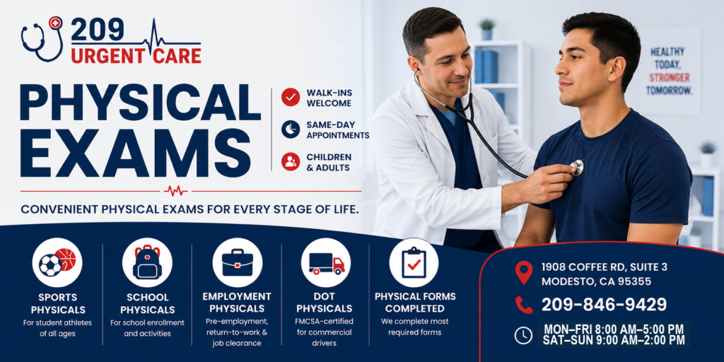 Healthcare provider performing a routine physical examination for a patient at 209 Urgent Care in Modesto, CA featuring sports, school, and employment physical exams.