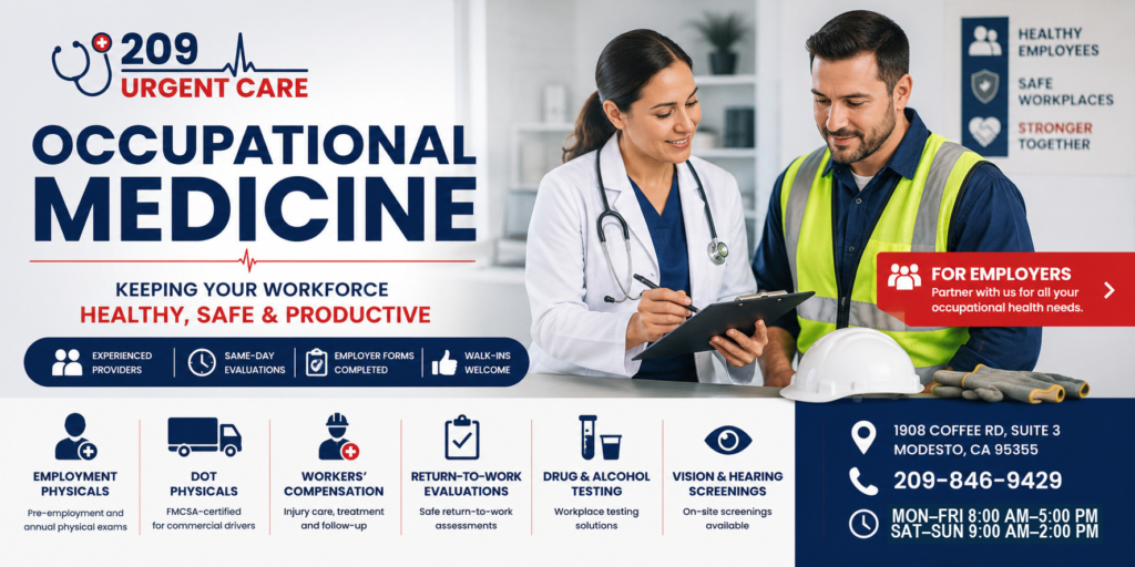 Healthcare provider reviewing occupational medicine paperwork with an employee at 209 Urgent Care in Modesto, CA, featuring employment physicals, workers' compensation, and employer health services.