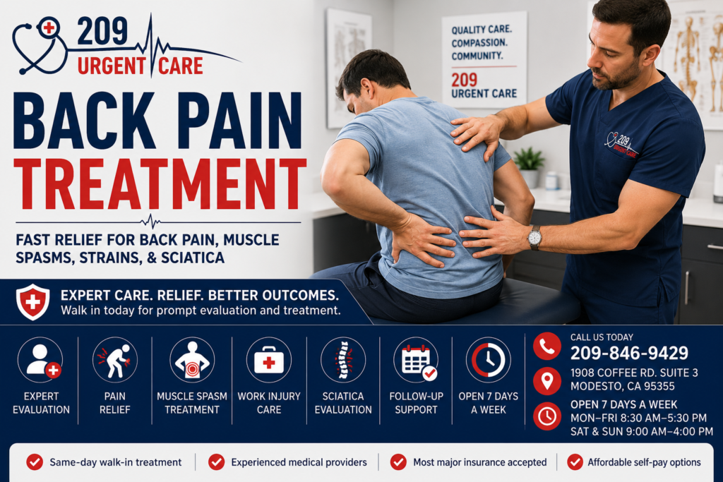 Healthcare provider evaluating a patient with lower back pain at 209 Urgent Care in Modesto.