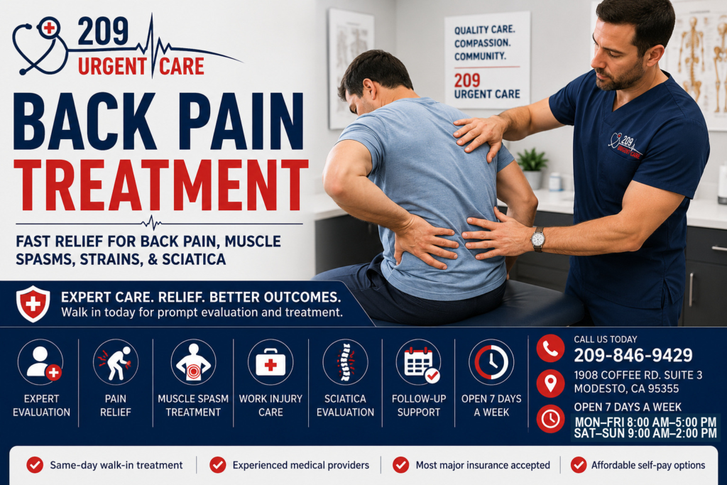 Healthcare provider evaluating a patient with lower back pain at 209 Urgent Care in Modesto.