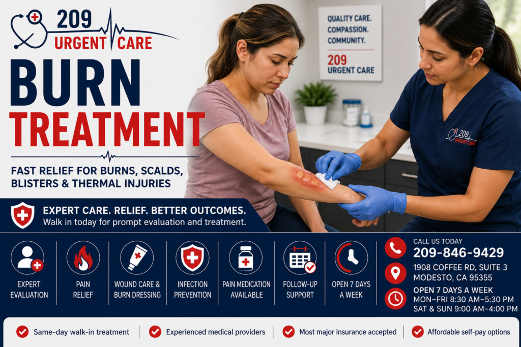 Healthcare provider treating a patient with a minor burn injury at 209 Urgent Care in Modesto.