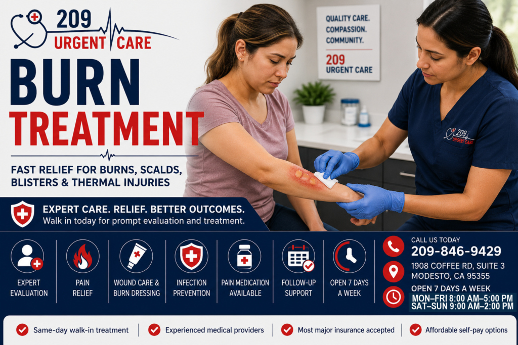 Healthcare provider treating a patient with a minor burn injury at 209 Urgent Care in Modesto.