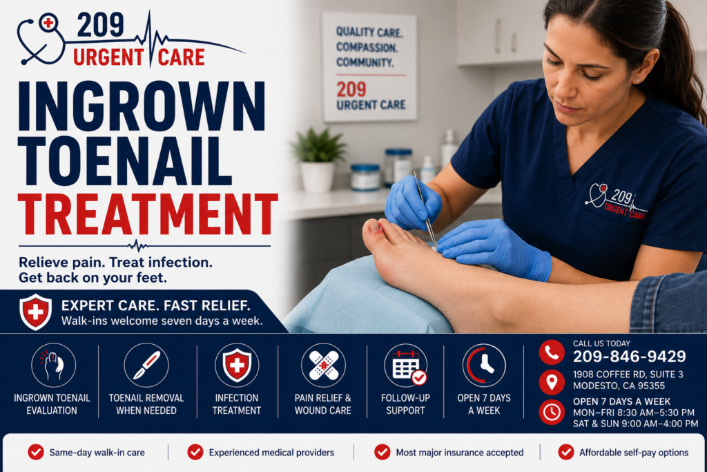 Healthcare provider treating a patient with an ingrown toenail at 209 Urgent Care in Modesto.