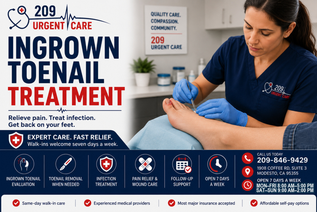 Healthcare provider treating a patient with an ingrown toenail at 209 Urgent Care in Modesto.