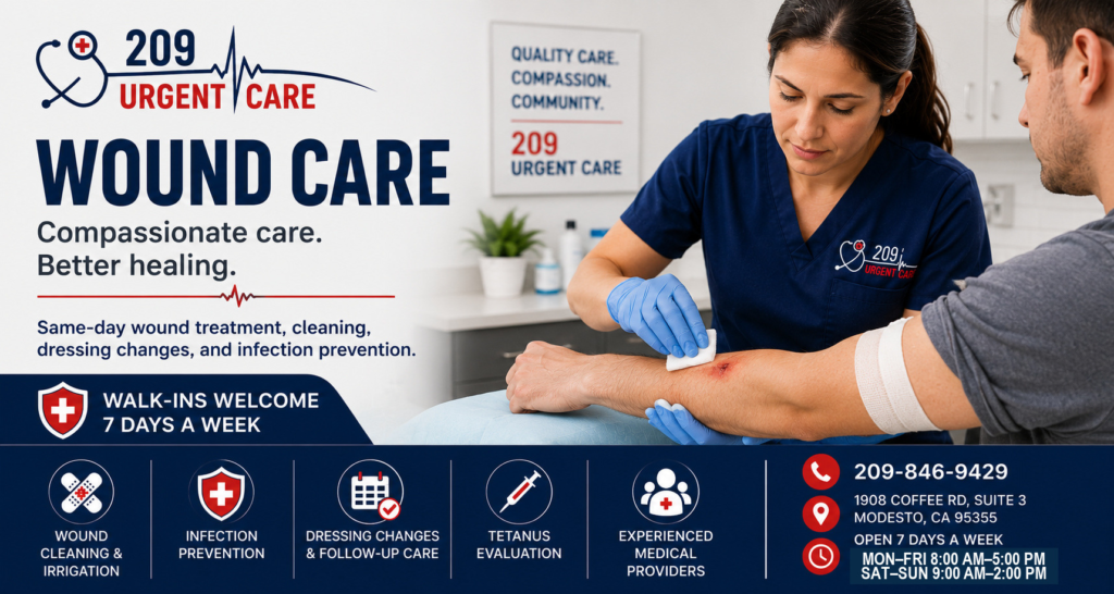 Healthcare provider cleaning and dressing a patient's wound at 209 Urgent Care in Modesto.