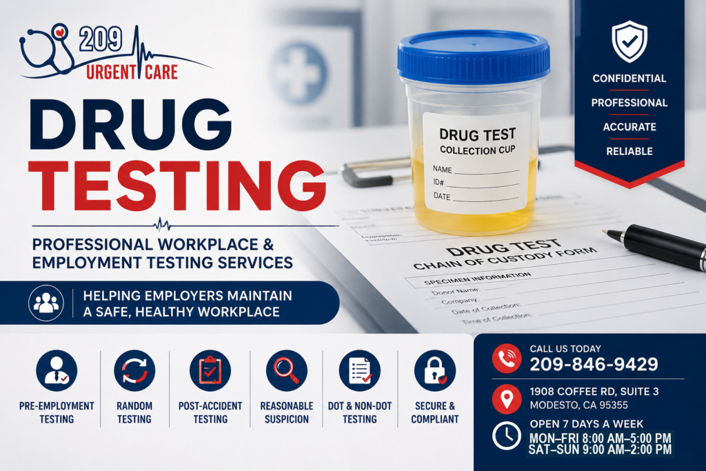 Professional workplace drug testing collection services at 209 Urgent Care in Modesto, CA featuring employment, DOT, and workplace drug testing.