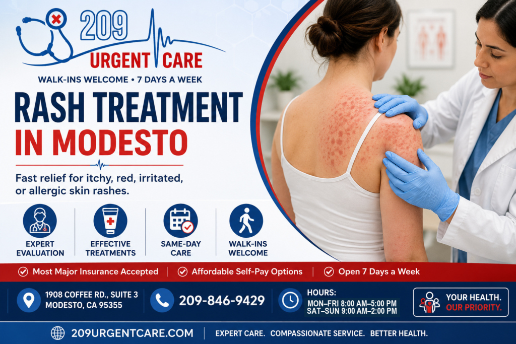 Healthcare provider evaluating a patient with an itchy skin rash at 209 Urgent Care in Modesto.