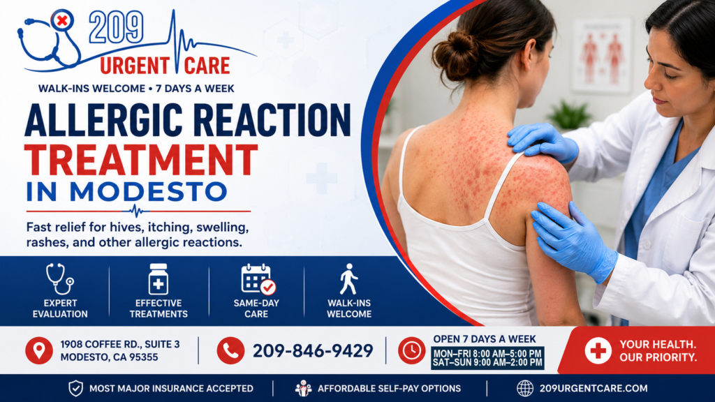 Healthcare provider evaluating a patient experiencing an allergic reaction at 209 Urgent Care in Modesto.
