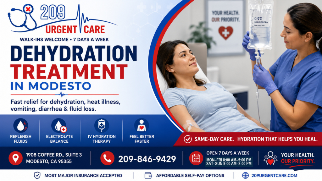 Healthcare provider administering IV Hydration — Temporarily Unavailable to a dehydrated patient at 209 Urgent Care in Modesto.
