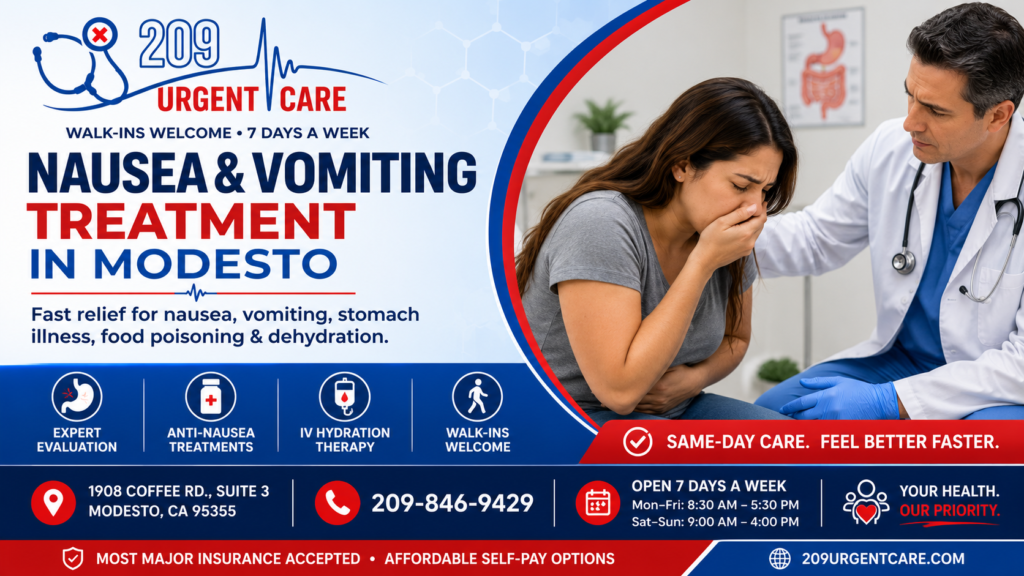 Healthcare provider caring for a patient experiencing nausea and vomiting at 209 Urgent Care in Modesto.
