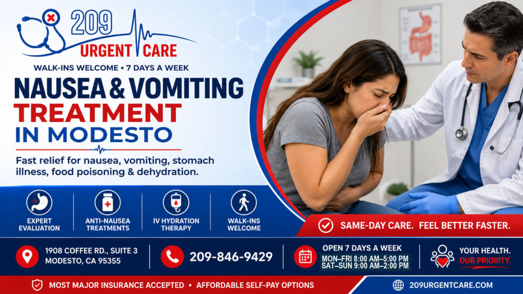 Healthcare provider caring for a patient experiencing nausea and vomiting at 209 Urgent Care in Modesto.