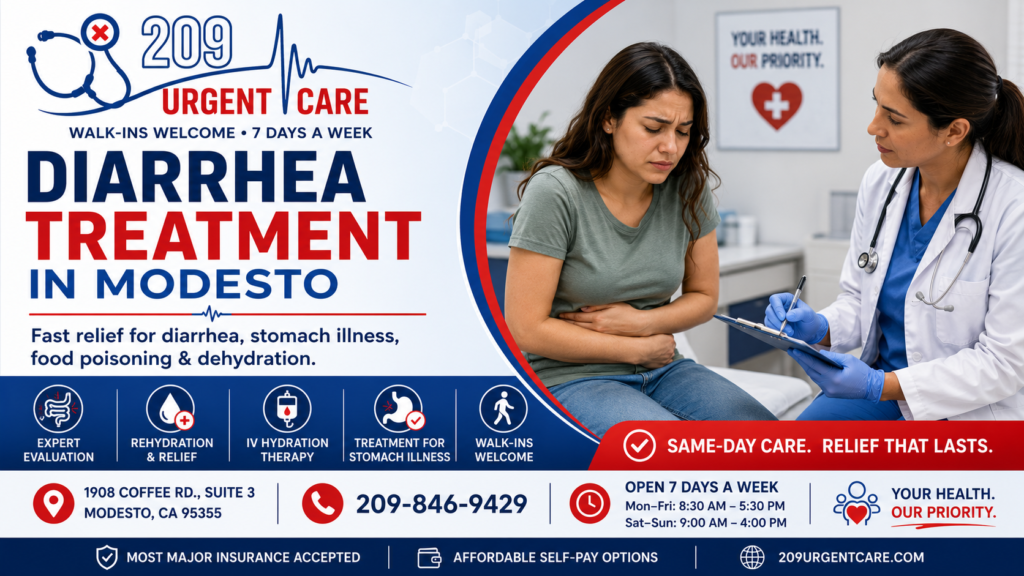 Healthcare provider evaluating a patient with diarrhea and dehydration symptoms at 209 Urgent Care in Modesto.
