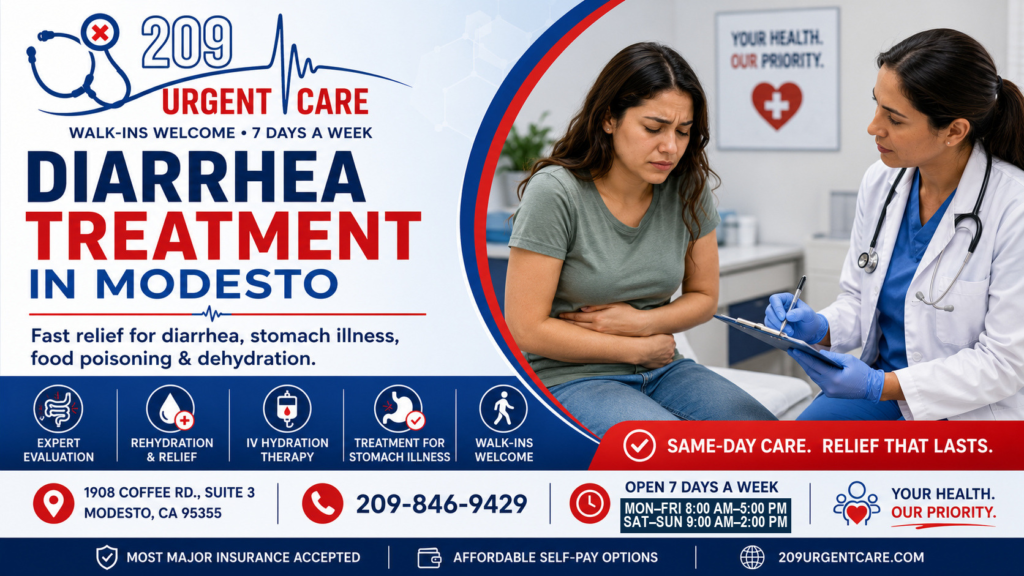 Healthcare provider evaluating a patient with diarrhea and dehydration symptoms at 209 Urgent Care in Modesto.