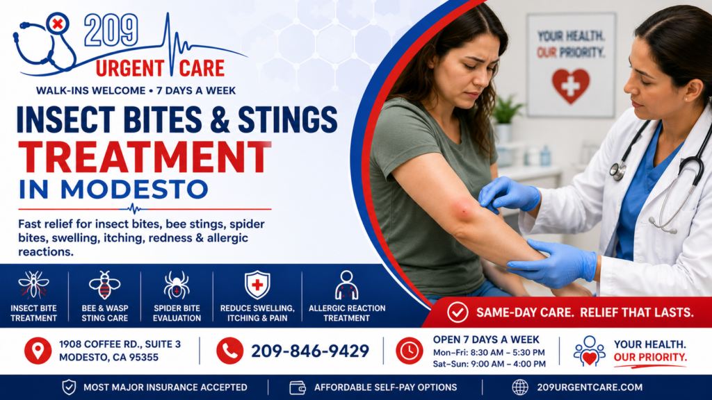 Healthcare provider evaluating a patient with an insect bite at 209 Urgent Care in Modesto.