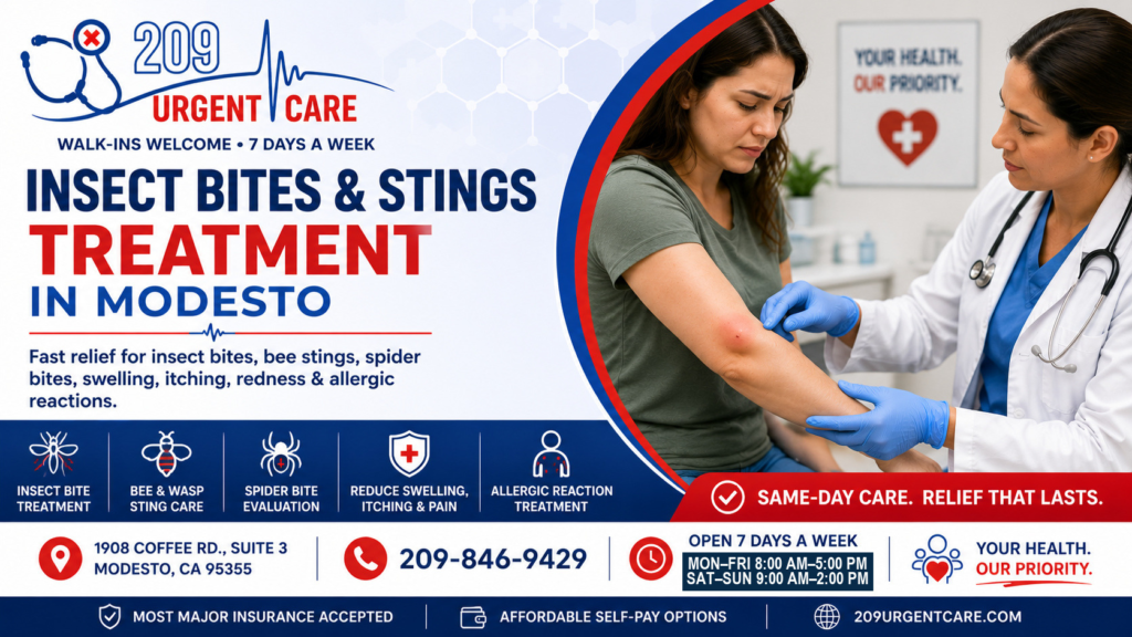 Healthcare provider evaluating a patient with an insect bite at 209 Urgent Care in Modesto.