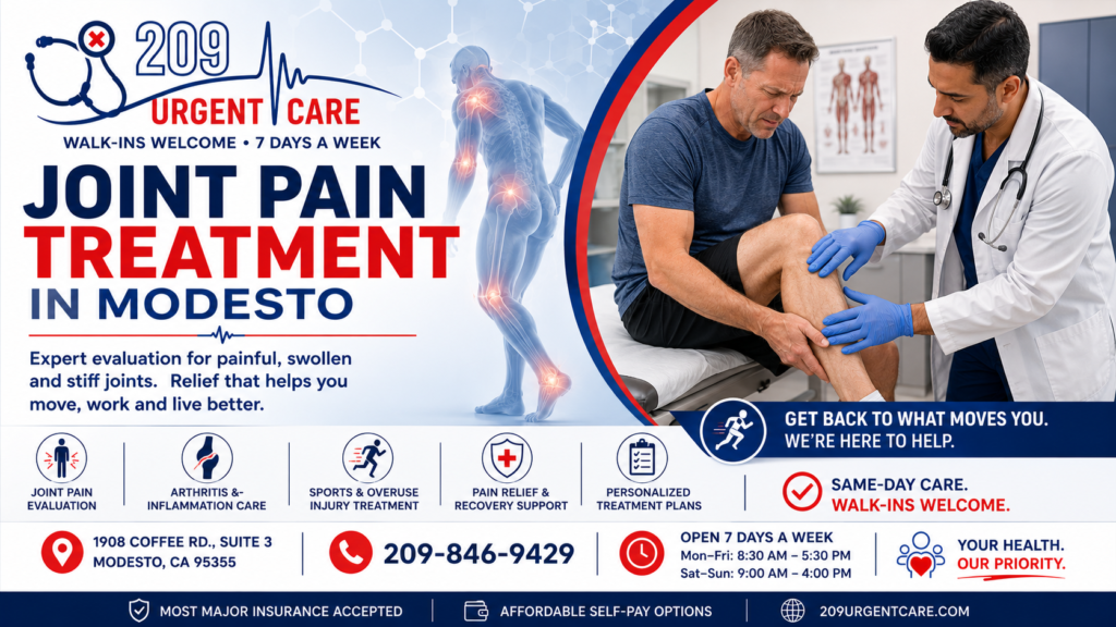 Healthcare provider evaluating a patient with knee and joint pain at 209 Urgent Care in Modesto.