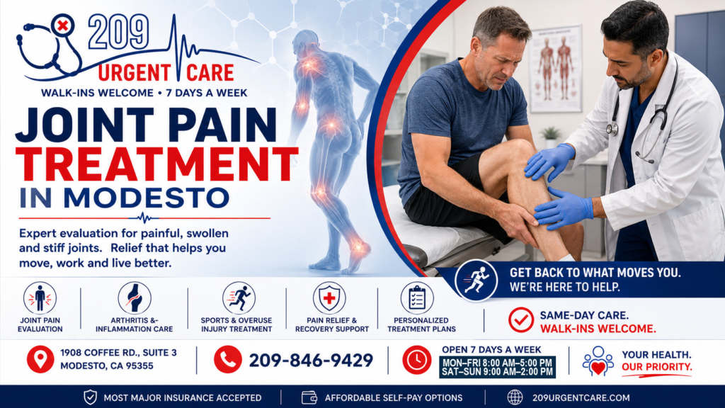 Healthcare provider evaluating a patient with knee and joint pain at 209 Urgent Care in Modesto.