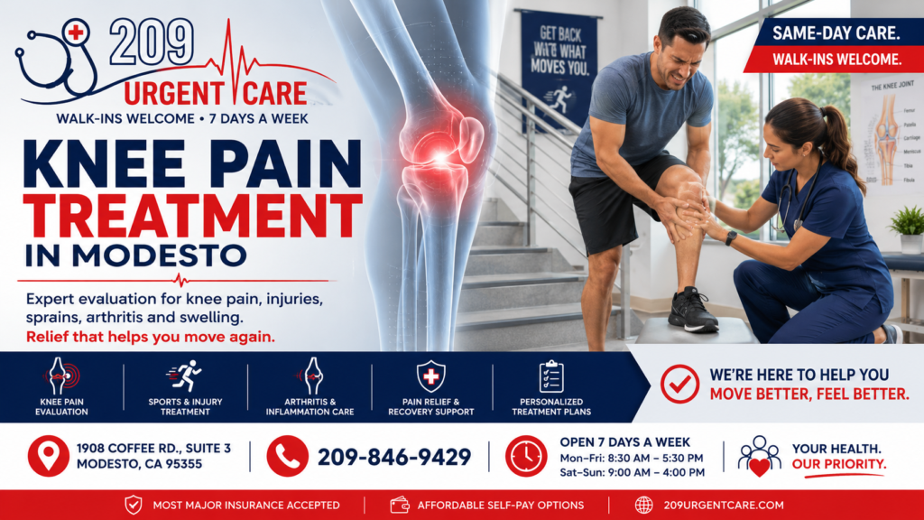 Healthcare provider evaluating a patient with knee pain at 209 Urgent Care in Modesto.