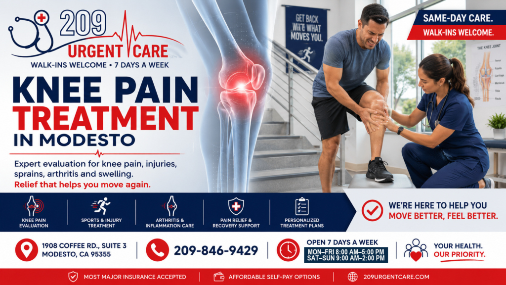 Healthcare provider evaluating a patient with knee pain at 209 Urgent Care in Modesto.