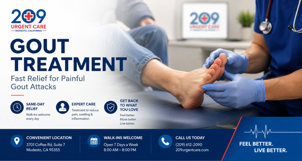 Provider evaluating a patient with a painful gout attack at 209 Urgent Care in Modesto