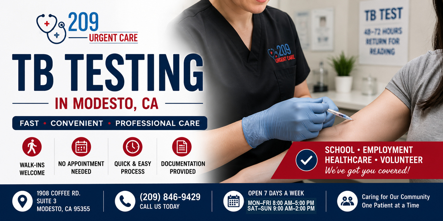 Healthcare provider performing a TB skin test at 209 Urgent Care in Modesto
