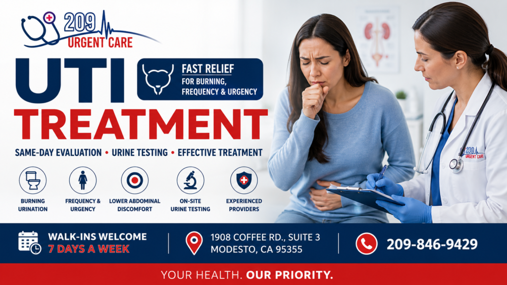 Healthcare provider evaluating a patient with urinary tract infection symptoms at 209 Urgent Care in Modesto.