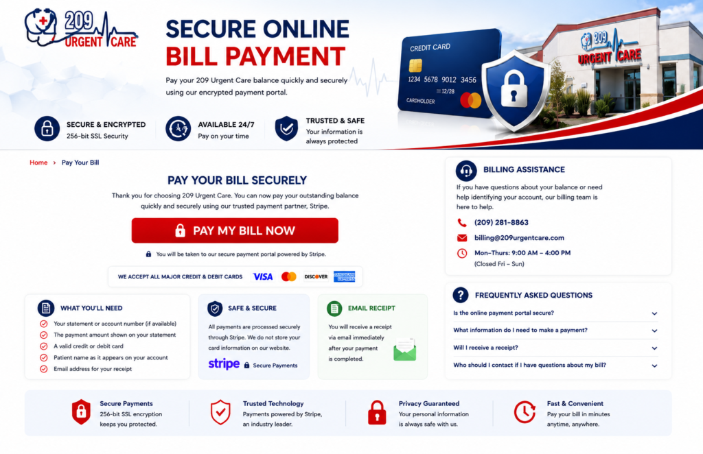 Secure online bill payment banner for 209 Urgent Care in Modesto, California. Pay your medical bill safely using our encrypted payment portal.