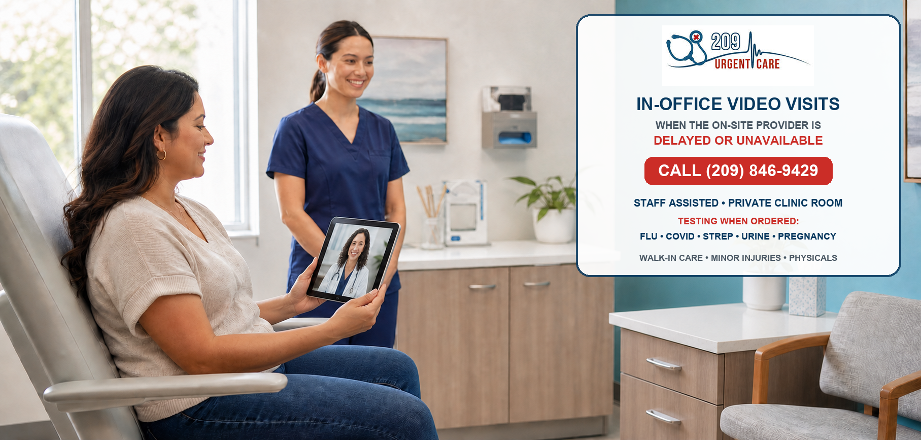 Patient using a clinic iPad for a staff-assisted in-office video visit at 209 Urgent Care