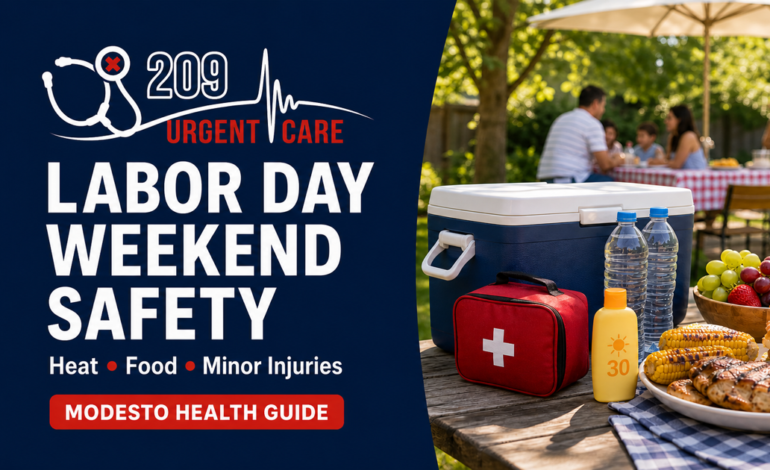 Labor Day weekend safety guide from 209 Urgent Care covering heat, food, and minor injuries