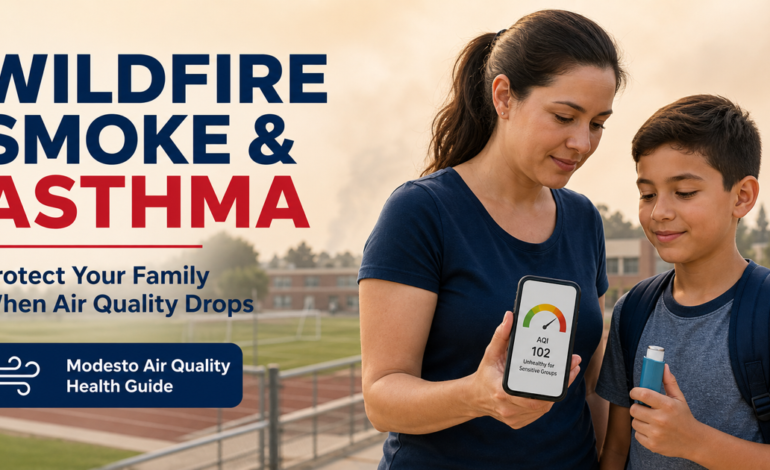 Parent checking Modesto air quality with a child who has an asthma inhaler