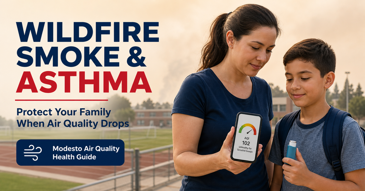 Parent checking Modesto air quality with a child who has an asthma inhaler