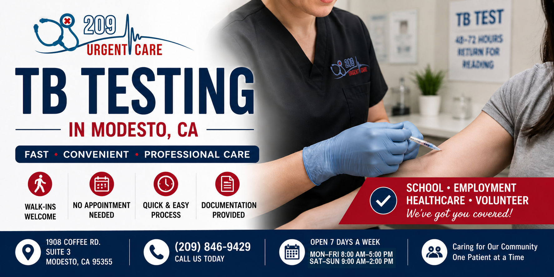 Healthcare provider performing a TB skin test at 209 Urgent Care in Modesto